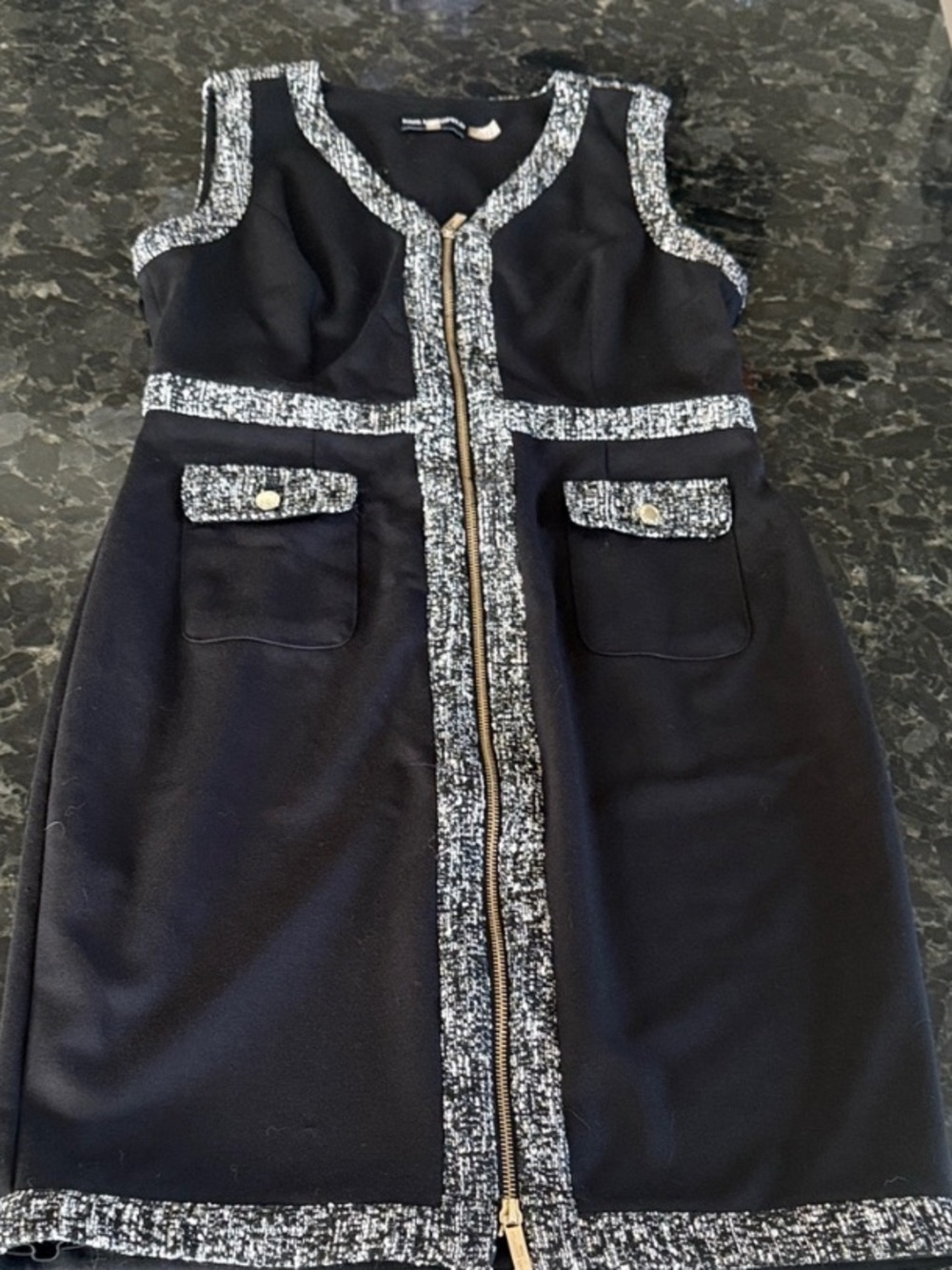 Karl Lagerfeld Dress with Tweed Trim and Gold Zip. Size 8.